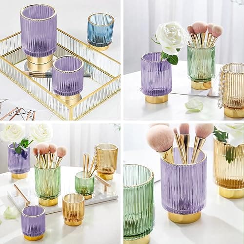 DASITON Makeup Brush holder Organizer,Crystal Cosmetic Makeup Brush Glass Brushes Storage Holder, Vintage Make Up Brush Cup Pen Pencil Holder striped vase(Purple L) thumbnail 5