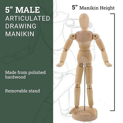 US Art Supply® Wood Artist Drawing Manikin Articulated Mannequin with Base and Flexible Body - Perfect for Drawing The Human Figure (5" Male) thumbnail 3