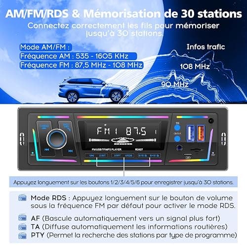 Autoradio Bluetooth RDS avec Port de Charge Type-C, Multi-éclairage Mode Lecteur,FM/AM 1DIN Autoradio 2 USB/MP3/AUX/carte SD/Réglages Audio DSP/EQ thumbnail 5