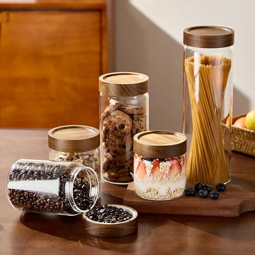 Neutral Kitchen Glass Canister Set of 5 with Acacia Wood Lids Airtight Food Storage Jars for Kitchen Pantry Organization Containers for Spaghetti, Flour, Sugar, Coffee, Tea, Overnight Oats Yogurt More thumbnail 7