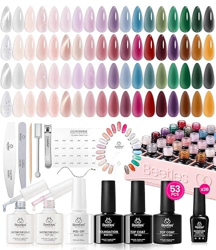 Beetles Jelly Gel Nail Polish Set, 53PCS 36 Colors Jelly Pink Milky White Red Black Blue Green Silver Cat Eye Base Glitter Glossy Matte Top Coat Crystal Ice Collection French Nails Gift for Women thumbnail 8