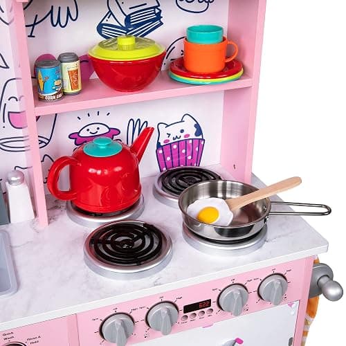 Lil' Jumbl Kids Kitchen Set, Pretend Wooden Play Kitchen, Battery Operated Icemaker & Microwave with Realistic Sound, Pots & Pan Included - Pink - Regular - Pink 2 thumbnail 8