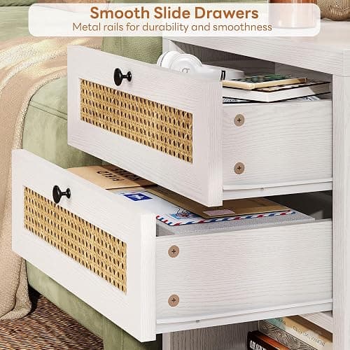 LIKIMIO Night Stand, 23" Wide Nightstand with Charging Station, Boho Side Table with Drawers and Open Shelf, Rattan Bedside End Table for Bedroom, White Oak thumbnail 6