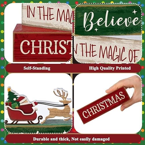 Lineshading 4 Pcs Christmas Table Decorations Wooden Stacked Block Santa | Rustic Farmhouse Block Sign with Believe Message, Tiered Tray Decor for Home Shelf, Xmas Decorations for Mantel Party thumbnail 5