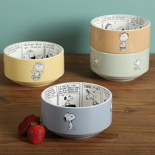 Peanuts Snoopy Bonbon Bites 4-Piece 5.5-Inch Decorated Stoneware Ceramic Stackable Bowl Set, Microwave & Dishwasher Safe Snack and Dessert Bowls thumbnail 7