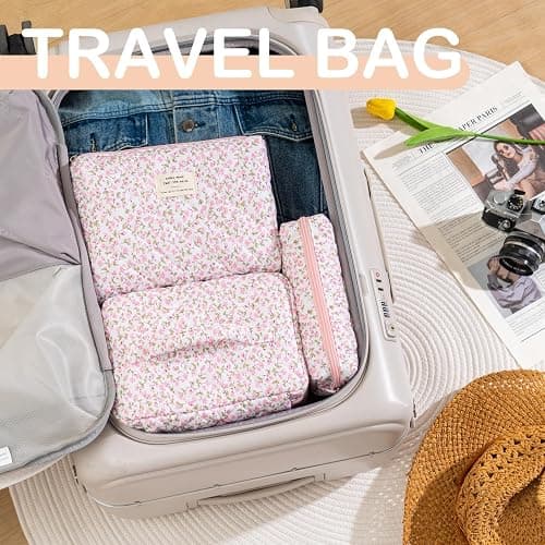 UUYUUY Makeup Bag for Women 3PCS Quilted Cotton Make Up Bag Travel Cosmetic Bag Large Makeup Bag Set Cute Makeups Organizer Floral Toiletry Pouch for Purse, Pink Floral D thumbnail 6