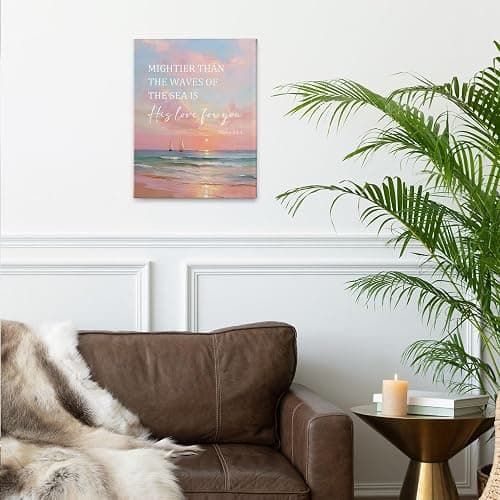 PHAMTE Christian Coastal Beach Landscape Wall Art Decor Canvas 11x14, Pink Beach Pictures Decorations, Religious Bible Verses Coastal Framed Prints Artwork for Home Bedroom Living Room Decor thumbnail 2