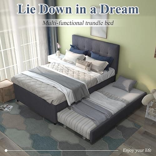 civama Full Bed with Trundle, Upholstered Full Over Twin Pull Out Platform Bed with Soft Linen Headboard & Wooden Slat Support for Bedroom Apartment, No Box Spring Needed, Grey thumbnail 4