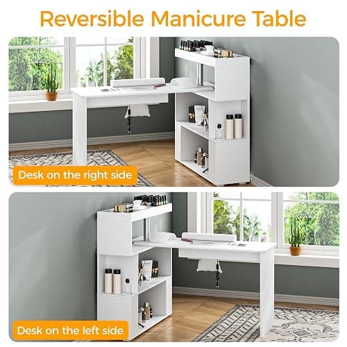 HolaiNail Manicure Table, L-Shaped Nail Tech Desk with Dust Collector, Reversible Rotating Table & Storage Shelf, Acetone Resistant Beauty Salon Station, White thumbnail 7