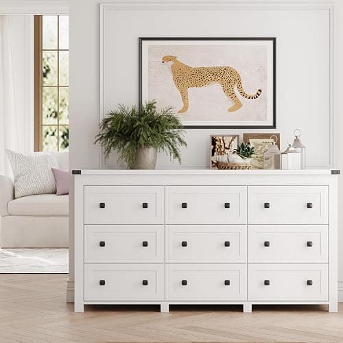 Boonatu Dresser for Bedroom with 9 Drawers, Wood Dressers Chest of Drawers with Metal Handles, Modern Bedroom Dresser with Drawers for Closet Hallway, Living Room, White thumbnail 4