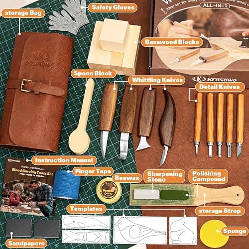 Wood Carving Kit, 32Pcs Wood Carving Tools with Storage Bag, Wood Whittling Knife Kit with 4pcs Templates & 11pcs Wood Carving Knives for Wood DIY Beginners thumbnail 2