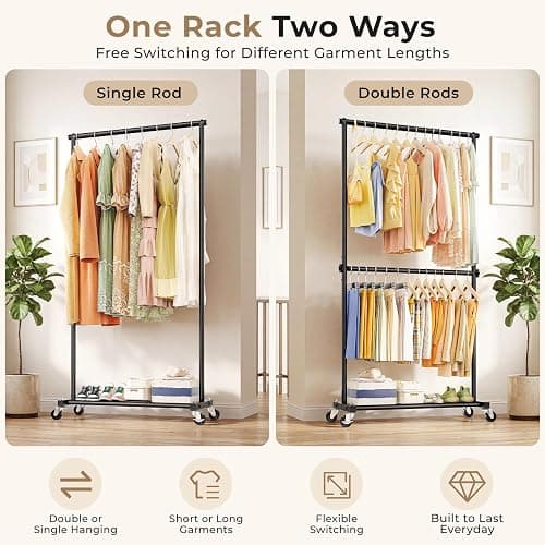 JIEJIERUI Double Rod Clothes Rack, 35" Wide Rolling Rack for Clothes, Portable Clothing Racks for Hanging Clothes, Metal Garment Racks with Wheels for Bedroom Laundry, Black thumbnail 4