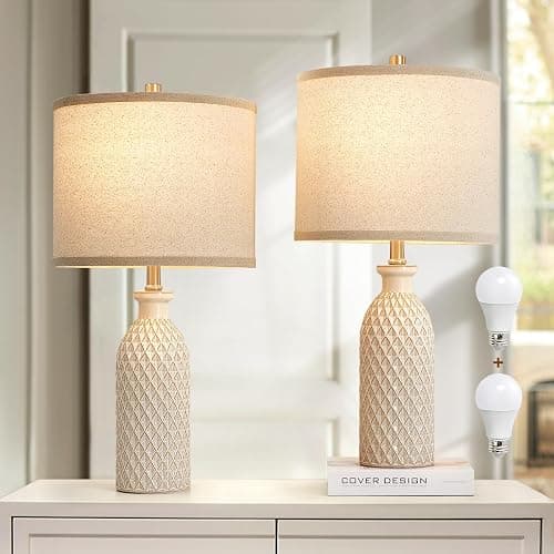 Ceramic Table Lamps Set of 2, Farmhouse 24.8" Bedside Lamps with 3-Color Temperature, Modern Nightstand Lamp Desk Reading Lamp with Fabric Drum Shade for Bedroom, Living Room, Office, 2 Bulbs Included - Image 1