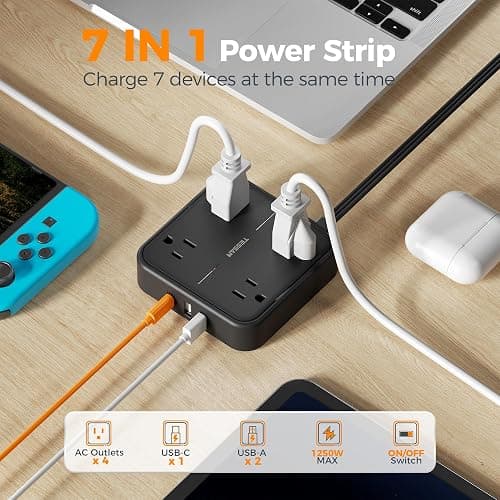 Surge Protector Flat Extension Cord 10FT, TESSAN Flat Plug Power Strip with 4 Outlets 3 USB Ports (1 USB C), 900 Joules Protection, Multiple Wall Outlet Extender Suitable for Home Office Dorm, Black thumbnail 4