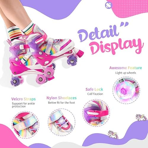 SULIFEEL Rainbow Unicorn 4 Size Adjustable Light up Roller Skates for Girls Boys for Kids thumbnail 2