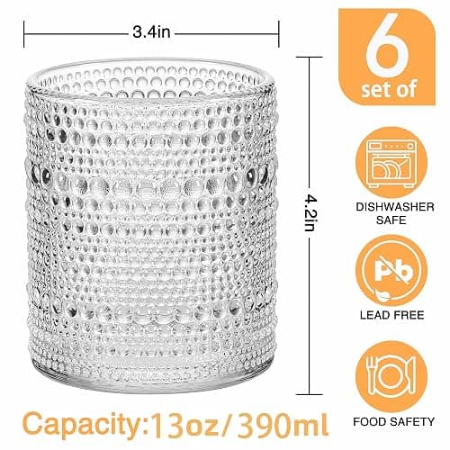 cosnou Glassware Set of 6, 13 OZ/390ml Hobnail Kitchen Glassware, Embossed Vintage Glass for Water, Cocktail, Soda, Beverage, Juice thumbnail 3