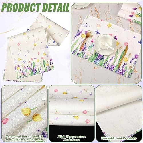 VitalCozy 7 Pcs Spring Table Runner and Placemats Tulip Table Runner Placemats Set 72 x 13 Inch Linen Easter Farmhouse Rustic Floral Lavender Tablecloth for Spring Easter Summer Party Decoration thumbnail 4
