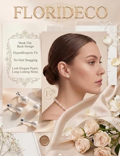 14K Gold Plated Pearl Earrings for Women Flat Back Stud Hypoallergenic | Small Pearl Earring Set, Cartilage Piercing, Stackable Lightweight Shiny Earring Studs, Plum Blossom Bonus, 3-8MM, 6 Pairs thumbnail 6