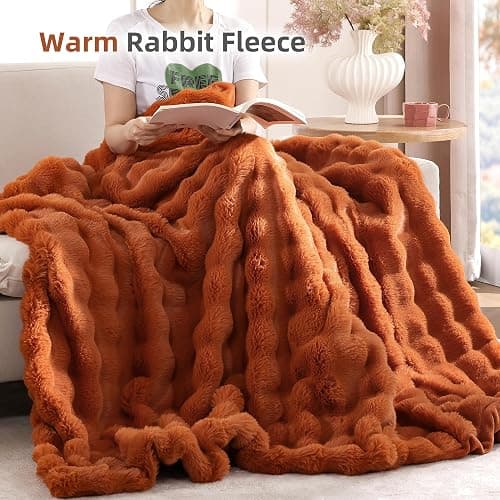 Smoofy Faux Fur Fall Throw Blanket for Couch – Burnt Orange Fluffy Cozy Rabbit Fleece, Plush Soft Bubble Blanket for Sofa & Bed, for Mom, Warm Fuzzy Home Room Decor Throw 60" x 80" thumbnail 6