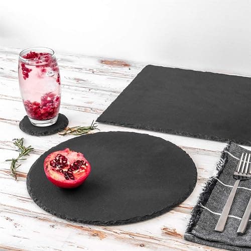 Argon Tableware Round Slate Placemats, Drink Coasters & Platter Set - 13pc - Black Natural Slate Dinnerware Place Settings Dining Mats for Kitchen, Home, Bar, Restaurant, Weddings, Events thumbnail 3