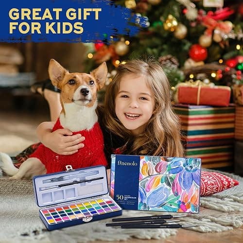 Finenolo 50 Colors Watercolor Paint Set with 8 Brushes (Water Brush + Detail Brushes), Mixing Palettes & Complete Accessories, Perfect for Beginners,Great for Outdoor Sketching, Painting Creation, Holiday Gifts thumbnail 2
