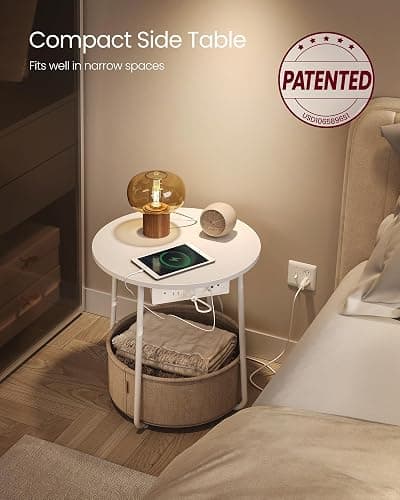 VASAGLE LILEA Collection - Side Table with Charging Station, Round End Table with Fabric Basket, Nightstand with USB Ports, for Living Room, Bedroom, Modern, Matte White and Camel Brown ULET228W01 thumbnail 4