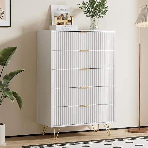 Furniway White Dresser for Bedroom, Fluted Modern Dresser with Gold Pulls and 5 Drawers, 15.7" D x 31.5" W x 47.2" H - Image 1