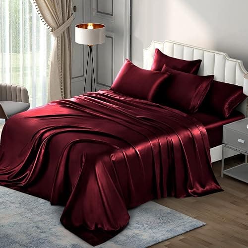 P Pothuiny 6 Pieces Queen Satin Sheets Luxury Silky Burgundy Satin Bedding Sheet Set, 1 Deep Pocket Fitted Sheet + 1 Flat Sheet + 4 Pillow Cases thumbnail 3