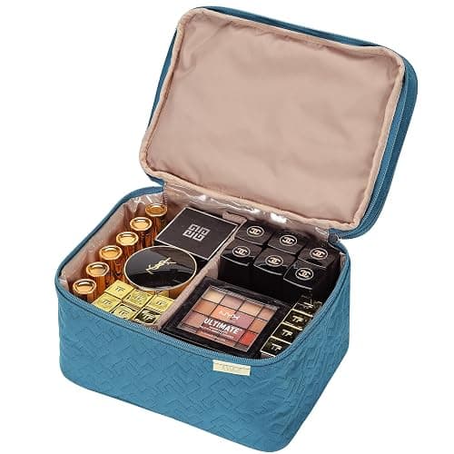 NISHEL Large Double Layer Travel Makeup Bag Women, Cosmetic Case, Organizer for Travel-Size Accessories Bottles, Brushes, Conditioner, and Skin Care Products, Lake Blue thumbnail 3
