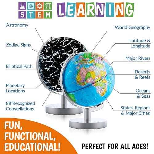 USA Toyz Illuminated Globe for Kids Learning- 3-in-1 STEM Globes of the World with Stand, Constellation Map, Built-in LED Night Light Desk Globe Lamp, Non-Tip Metal Base, 9.75” Tall, 7 Inch Diameter thumbnail 2