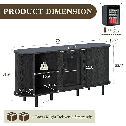 LUXOAK 70" Coffee Bar Cabinet with Beverage Fridge (Included), Buffet Sideboard Table for Home, Bar Cabinet with Storage for Dining Room & Living Room, Black thumbnail 2