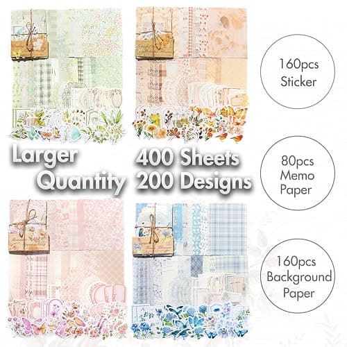 OKUPAN Vintage Floral Scrapbook Paper & Journaling Stickers (400pcs) Assorted Set - 4 Pack Junk Journal Supplies for Bullet Journaling, Retro Crafts, Planner, Mixed Media, Collage Card Album thumbnail 6