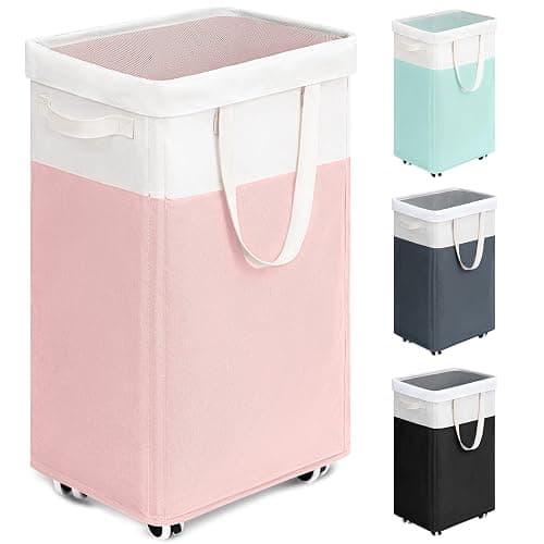 Goodpick Laundry Basket with Wheels, 75L Tall Clothes Hamper, Large Laundry Basket with Removable Wash Bag for Corner Dorm, Rolling Hamper, Pink&White - Image 1