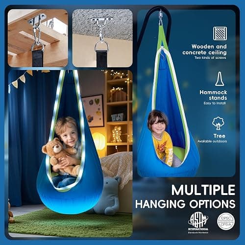 Light Up Pod Swing for Kids Offers Adjustable Effects, Sensory Swing Ideal for Indoor and Outdoor Use. Kids Hammock Easy to Install.(Blue) thumbnail 5