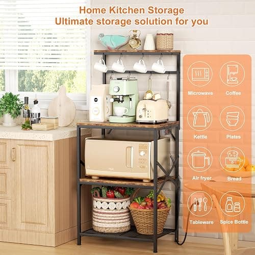 Korfile Kitchen Bakers Rack with Power Outlet, Small Coffee Bar Cart 4 Tiers, Microwave Stand Station with 8 S Hooks, Adjustable Shelf, Freestanding Kitchen Appliance Organizer, Rustic Brown thumbnail 7