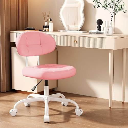 Misolant Vanity Chair with Back, Small Armless Cute Office Chair with Wheels and Lumbar Support, Comfy PU Leather Desk Computer Chairs with Adjustable Height, 360°Swivel for Home Bedroom Office, Pink - Image 1