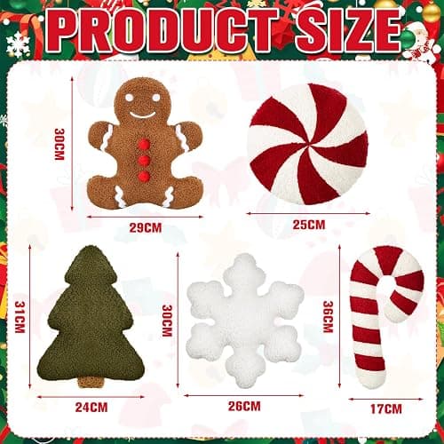 Memorywuu 5 Pcs Christmas Throw Pillows Xmas Tree Gingerbread Man Snowflake Pillow Stripe Candy Cane Peppermint Shape Cushion Stuffed Christmas Decoration for Home Sofa Bed Couch Party (Classic Color) thumbnail 3