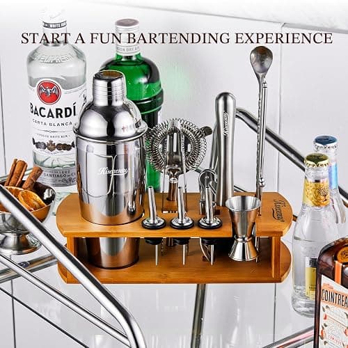 KITESSENSU Cocktail Shaker Set Bartender Kit with Stand | Bar Set Drink Mixer Set with All Essential Accessory Tools: Martini Shaker, Jigger, Strainer, Mixer Spoon, Muddler, Liquor Pourers |Silver thumbnail 3