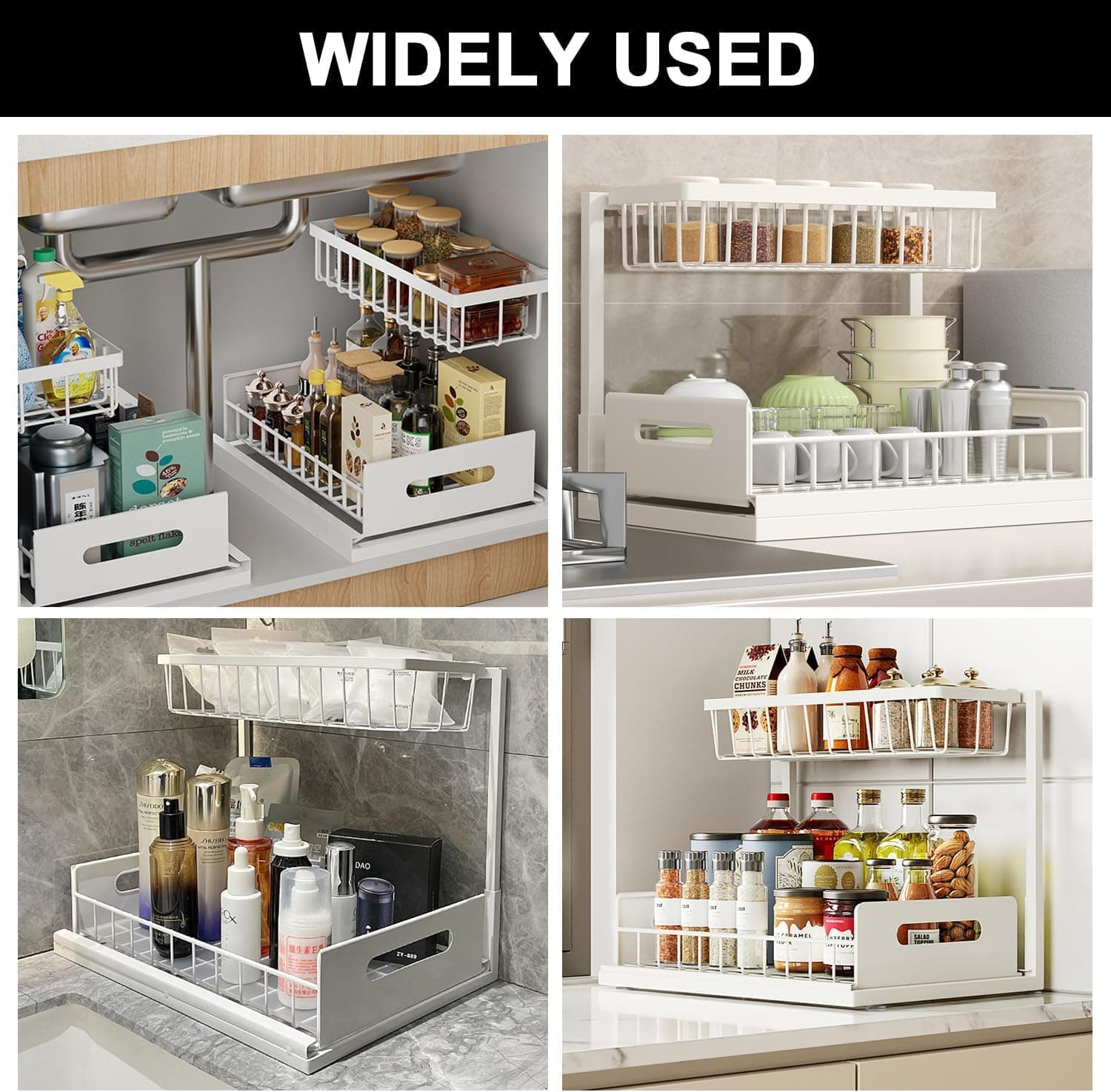Under Sink Organizer, 2 Tier Slide Out Cabinet Storage Shelves, Multi-Purpose Metal Oragnizer for Home,Kitchen,Bathroom (White) thumbnail 7