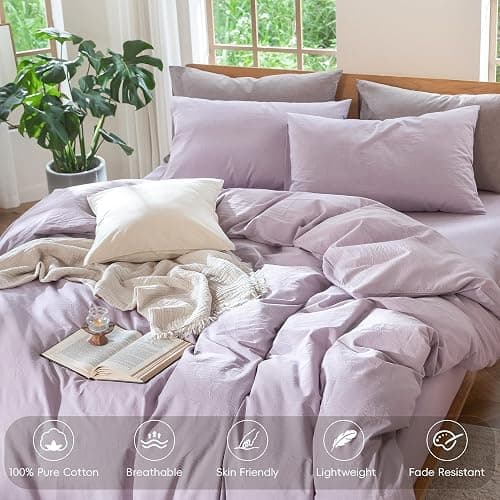 MooMee Bedding Duvet Cover Set 100% Washed Cotton Linen Like Textured Breathable Durable Soft Comfy (Heathered Light Purple, Twin 68"x90") thumbnail 4