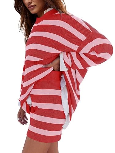 LAMISSCHE Womens Oversized Lounge Sets 2 Piece Outfits Striped Matching Pajama Set Long Sleeve Sweater Set thumbnail 2
