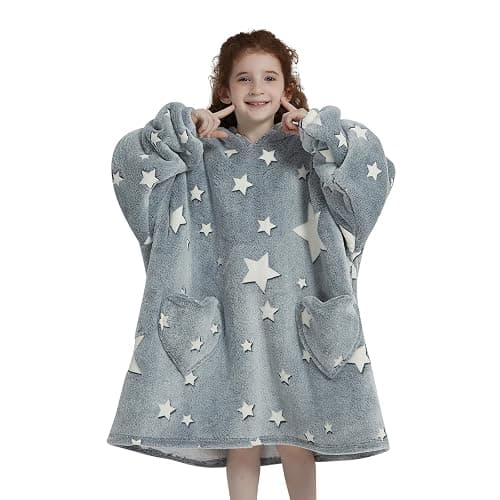 Mewkou Wearable Blanket Hoodie for Kids Oversized Sherpa Blanket Hoodie for Kids Boys Girls Teens 6-13YR,Glow in The Dark Star - Kids 6-13YR - Dark Gray thumbnail 7
