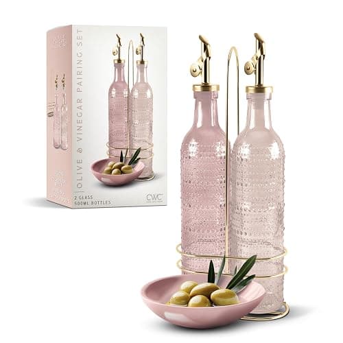 COOK WITH COLOR Glass Olive Oil Bottle Dispenser - 2 Pack- 17oz Oil and Vinegar Cruet - Olive Oil Carafe Decanter for Kitchen, Champagne Bubbles, Pink - Image 1