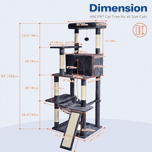 ABCPET Cat Tree Tower 63in Multi-Level Cat Tower for Indoor Cats with Sisal Scratching Posts, Condo, Hammock, Dangling Ball and Extended Platform for Cats to Play, Dark Grey thumbnail 9