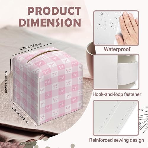 ❤️Pink Gingham Bow Decorative Leather Tissue Box Cover - Cute Tissue Holder Gifts for Women and Friends Funny Unique for Home Decor Decorative for Kitchen Bathroom Nightstands Office - A21 thumbnail 2