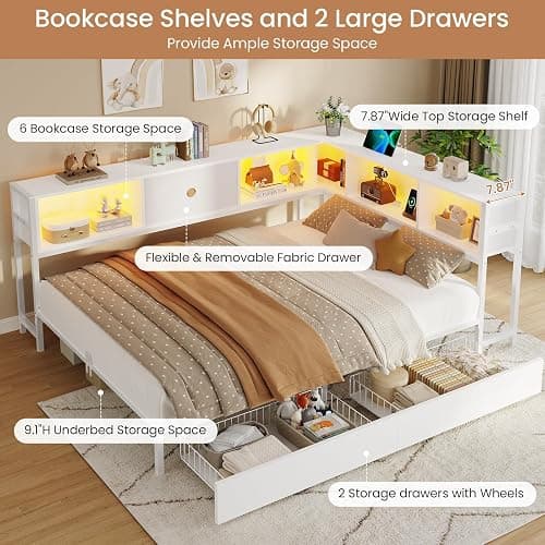 DICTAC Full Corner Bed Frame with Storage Drawers,Bookcase Headboard and Charging Station Full Size Metal Platform Corner Bed Frame with Storage and Led Lights Full Size Daybed for Teen Adult,White thumbnail 6