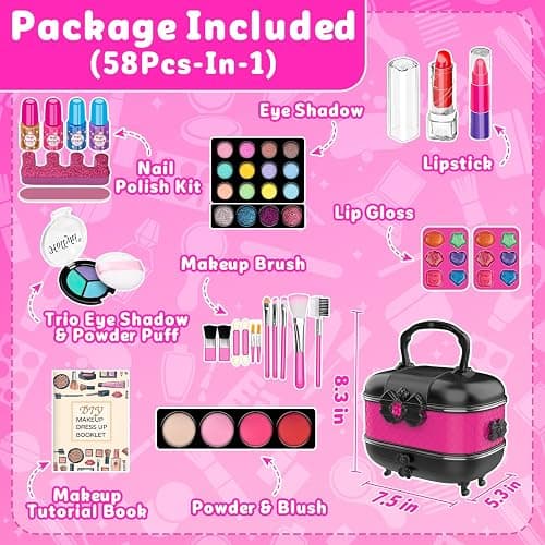 Hollyhi 58 Pcs Kids Makeup Toys Kit for Girls, Real Washable Make Up Set | Safety Material Certificates, Non-Toxic, Storage Case with Mirror, Birthday Gifts for 3 4 5 6 7 8 9 10 11 12 Years Old (Rose) thumbnail 2