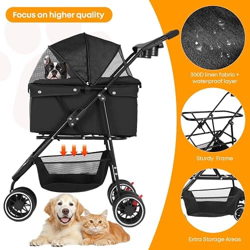 Pet Stroller,Dog Stroller for Small Medium Dogs Cats,3 Wheels,Foldable,with Breathable Mesh Canopy,Cup Holders,Easy Assembly,Black thumbnail 3