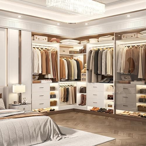 Aheaplus Closet System with 6 Drawers, 4 Hanging Rods & Corner Tower, Corner Closet System with Hanging, 92.6" L-Shaped Walk-In Wardrobe Organizer, 2000+ lbs Capacity, Set of 3, White thumbnail 2