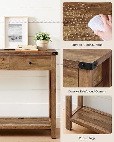 VASAGLE 47.2" Narrow Console Table with 3 Drawers and Open Storage Shelf | Long Sofa Table, 47.2 x 9.4 x 29.9 inchs, Entryway Furniture for Living Room, Honey Brown, LIRY Collection ULNT142KB02S thumbnail 6